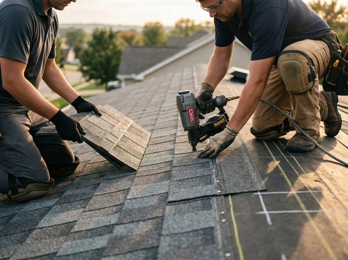 Professional roofer working on a residential roof in Allegany